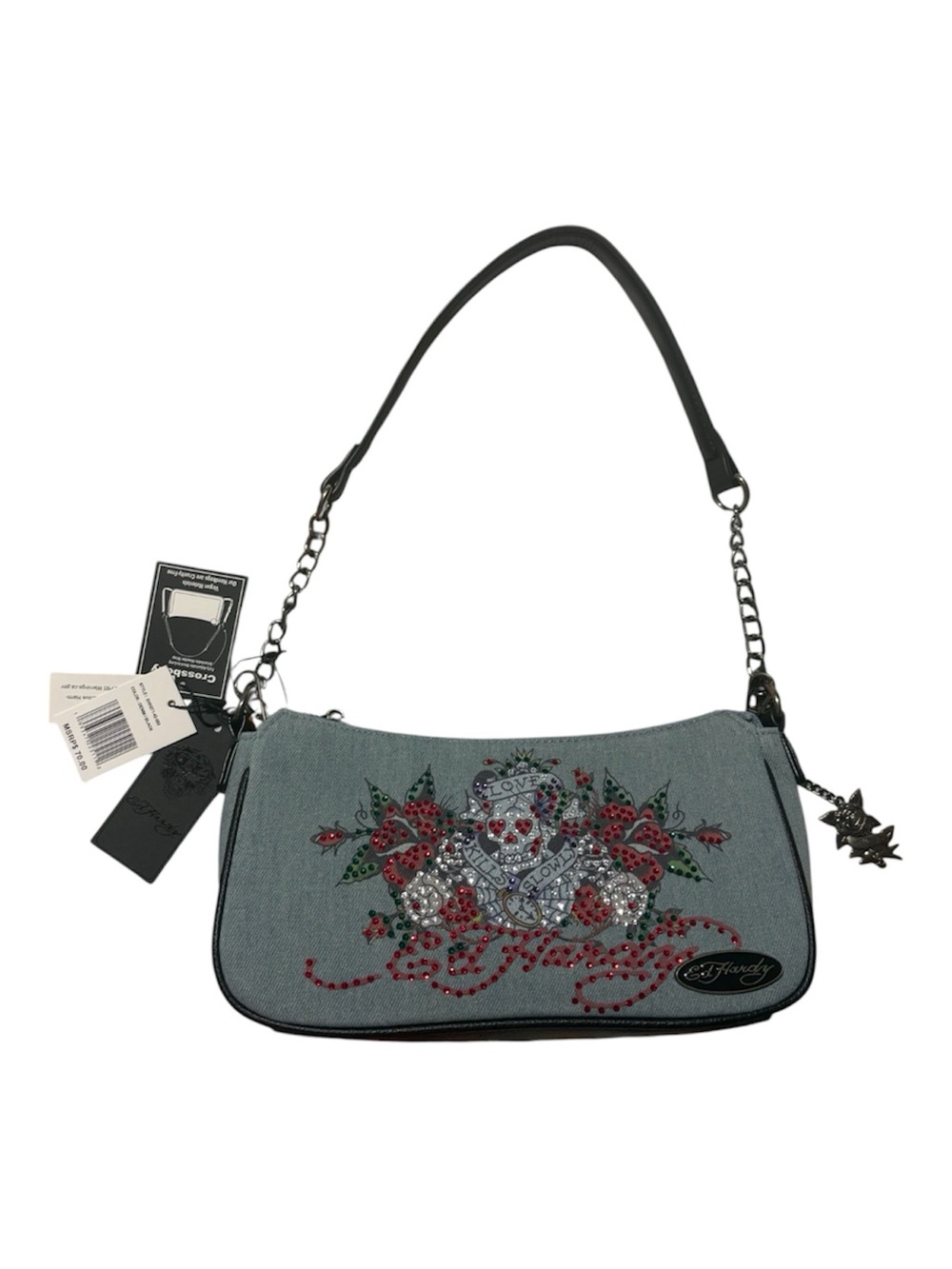 Ed Hardy Floral Rhinestone Shoulder Bag with Chain Strap
